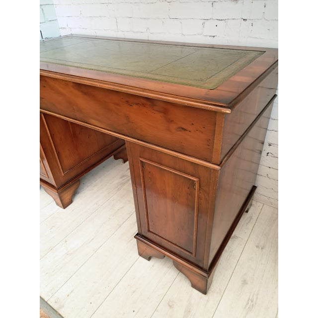 Antique Twin Pedestal Desk in Dark Yew Wood and Leather Top, 1980 For Sale - Image 11 of 18