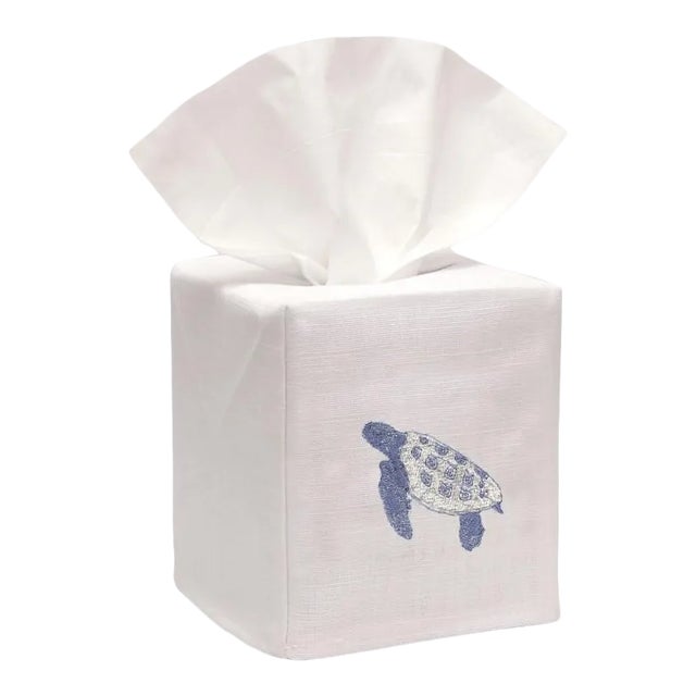 Blue Sea Turtle Tissue Box Cover in White Linen & Cotton, Embroidered For Sale