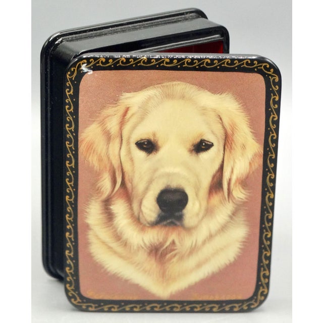 Russian Lacquer Papier Mache Box With Golden Retriever Dog Portrait For Sale - Image 4 of 12