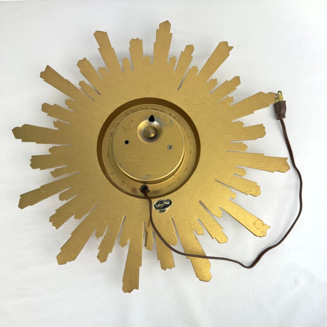 Gold Midcentury Gilt Syroco Sunburst Clock 16” Electric For Sale - Image 8 of 11