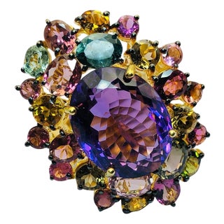 Bochic "Orient" Natural Multi Tourmaline & Amethyst Ring Set 18K Gold & Silver For Sale