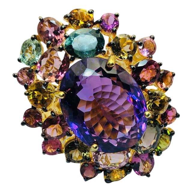 Bochic "Orient" Natural Multi Tourmaline & Amethyst Ring Set 18K Gold & Silver For Sale
