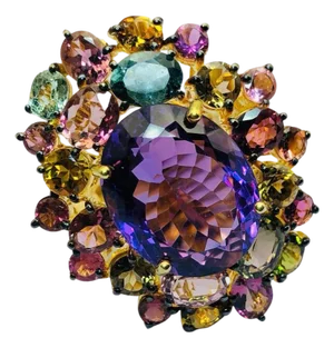 Bochic "Orient" Natural Multi Tourmaline & Amethyst Ring Set 18K Gold & Silver