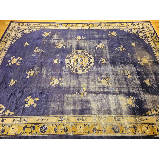 Chinese 19th Century Chinese Peking Rug, Handwoven Wool, Indigo & Yellow, 10' x 14' For Sale - Image 3 of 15