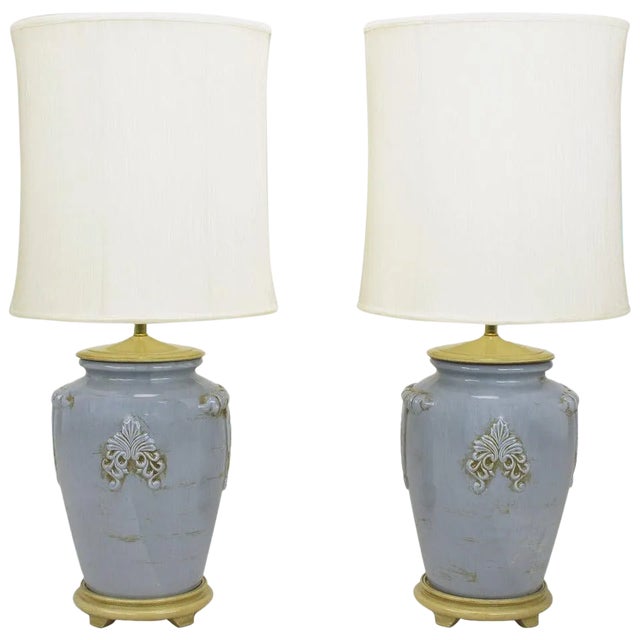 Periwinkle Blue Vintage Glazed Urn-Form Table Lamps - a Pair For Sale