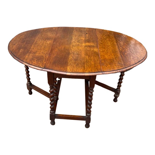 Antique English Table Drop Leaf Gateleg Barley Twist Oak Oval C. 1920-30s For Sale