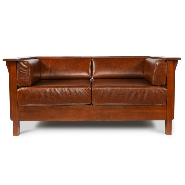 Mission / Craftsman Cubic Slat Side Love Seat - Chestnut Brown Leather For Sale - Image 4 of 7