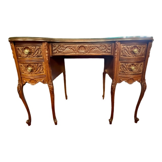 1920s Vintage French-Style Carved Walnut Desk Kidney Shaped For Sale