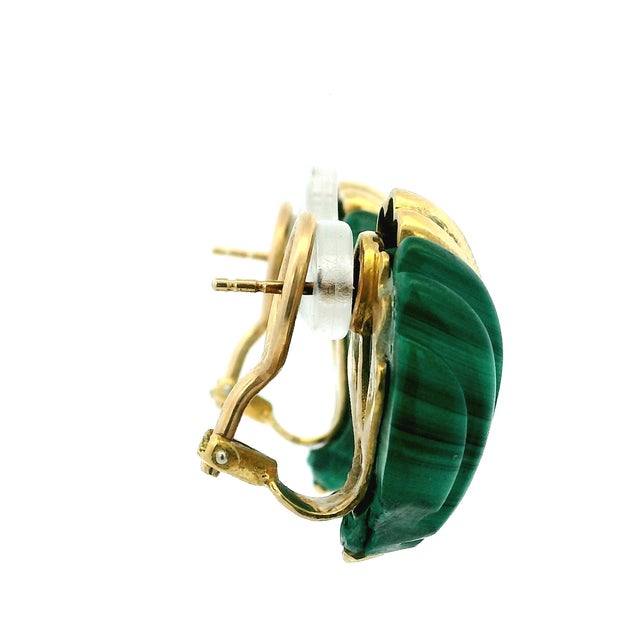 Vintage 1970s 18k Gold Carved Malachite Sculptural Clip-on Earrings, Pair For Sale - Image 10 of 13