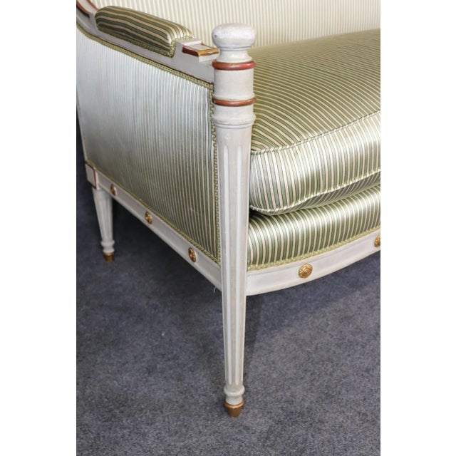 Wood Fine Paint Decorated Gilt Over Red Bole Green Silk Maison Jansen Attr. Settee For Sale - Image 7 of 14