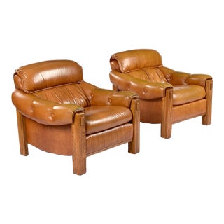 Pair of Vintage 1970s Overstuffed Butterscotch Brown and Oak Tufted Club Chairs For Sale