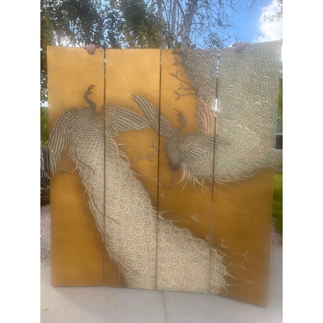 1980s Folding Screen With Gold Foil and Peacocks Attributed to Maitland Smith For Sale - Image 5 of 6