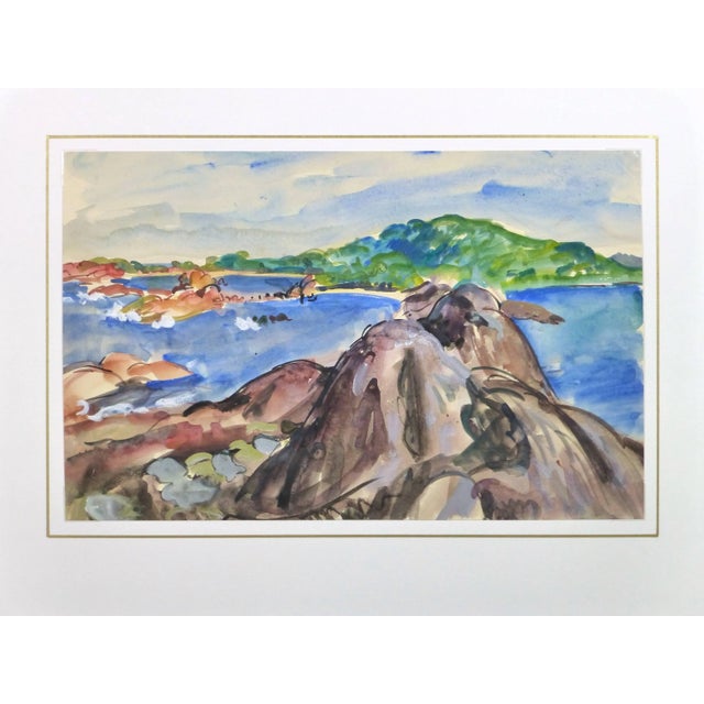 Stephane Magnard, Vintage French Watercolor Seascape - Rocky Coastline For Sale - Image 4 of 5
