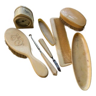 8 Pc Antique French Ivory Celluloid Dresser Set With Clock and More Art Deco 30s For Sale