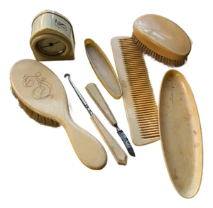 8 Pc Antique French Ivory Celluloid Dresser Set With Clock and More Art Deco 30s