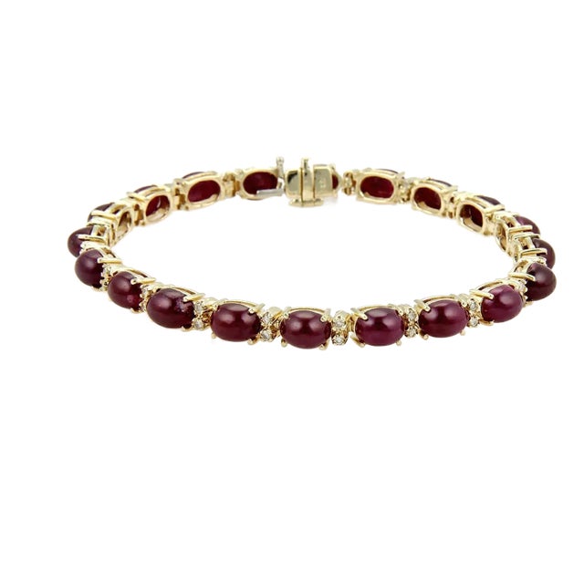 Rubies Cabochon & Diamond Tennis 14k Yellow Gold Bracelet Cabochon For Sale