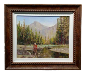 Felice Hrovat -Fly Fisherman in Action in an American North West Landscape -Oil Painting