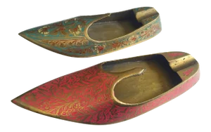 Vintage Mid Century India Cast Brass Incised Enamel Shoes Incense Burner Ashtrays - Set of 2