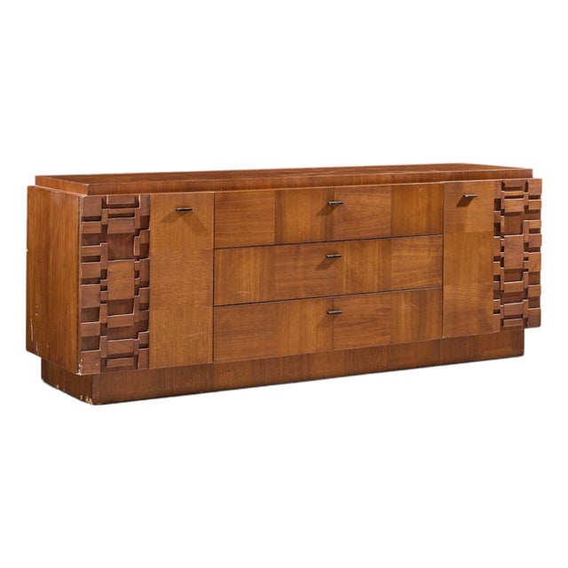 Lane Brutalist Mid Century Walnut Lowboy Dresser For Sale