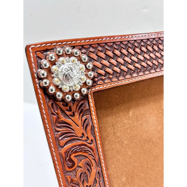 Brown 1980s Southwestern Tooled Leather Picture Frame With Concho Accents, Holds 5x7 Photo For Sale - Image 8 of 12