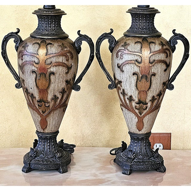 Plastic Pair of Vintage Neoclassical Urn Table Lamps With Decorative Fringe Shades For Sale - Image 7 of 18