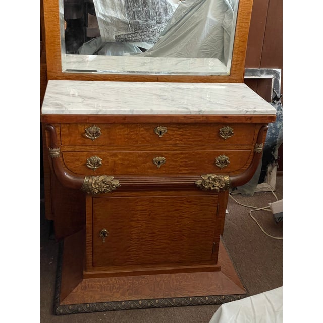 Brown Early 20th Century Art Deco Burled Veneer Marble Top Ormolu Stand W/Tall Mirror Cabinet & Drawers For Sale - Image 8 of 12