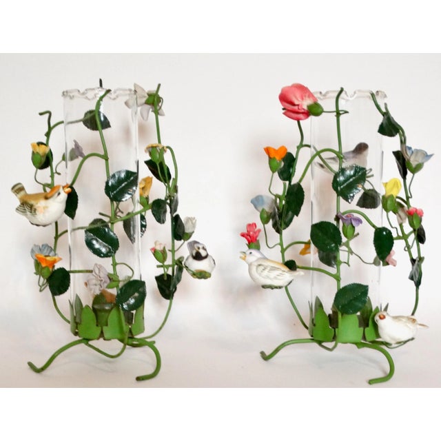 Italian Flower Tole Candle Holders With Birds & Glass Hurricane Globes, a Pair For Sale - Image 10 of 12