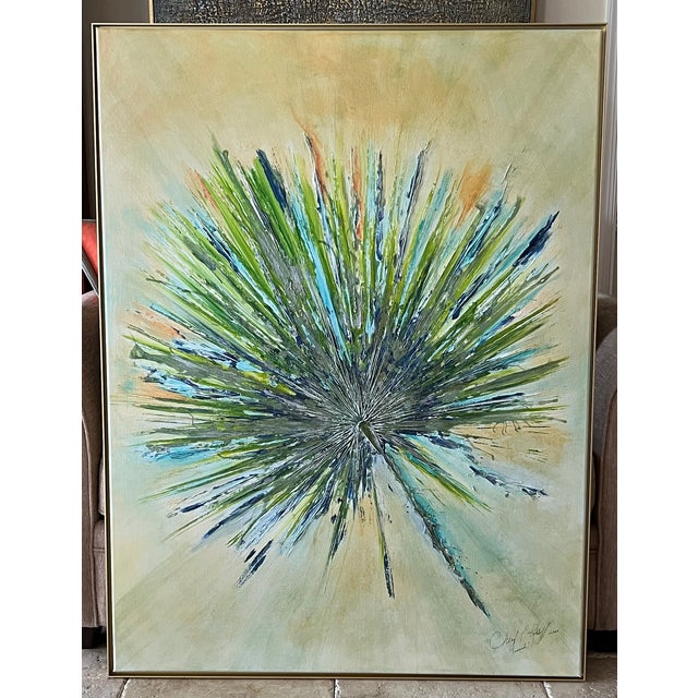 Palm Leaves, “The Peacock”, Designed by Cheryl P. Kohloff Frame: Gold Metallic Dimensions: 36”w x 48” h Color Palette:...