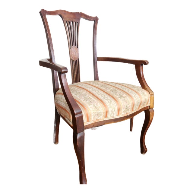 Antique Parisian Armchair, Side / Parlor, Gilt Floral Inlaid Medallion & Gilt Lined Frame French Victorian Original Satin STripe Uphostery - Few Flaws For Sale