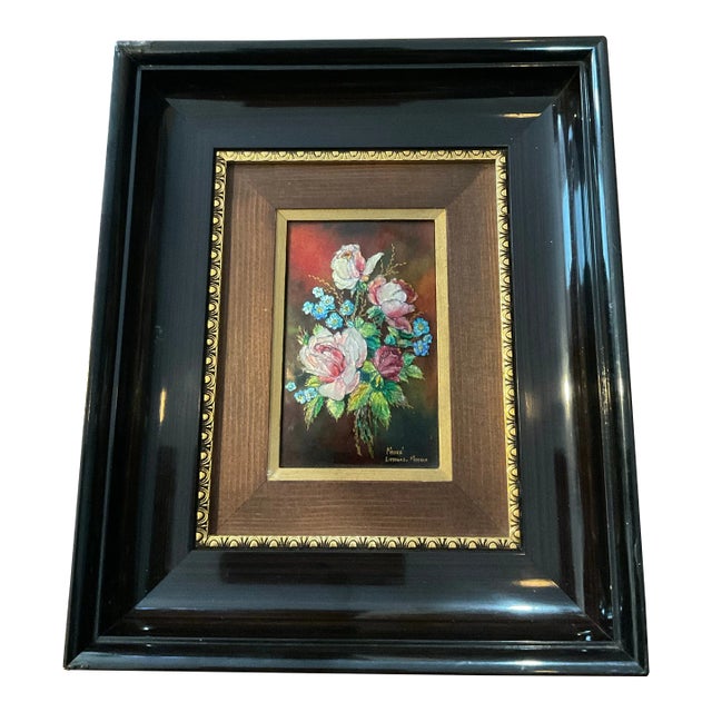 Limoges Framed Floral Glass Enamel on Copper Plaque by Camille Faure For Sale