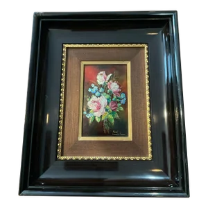 Limoges Framed Floral Glass Enamel on Copper Plaque by Camille Faure