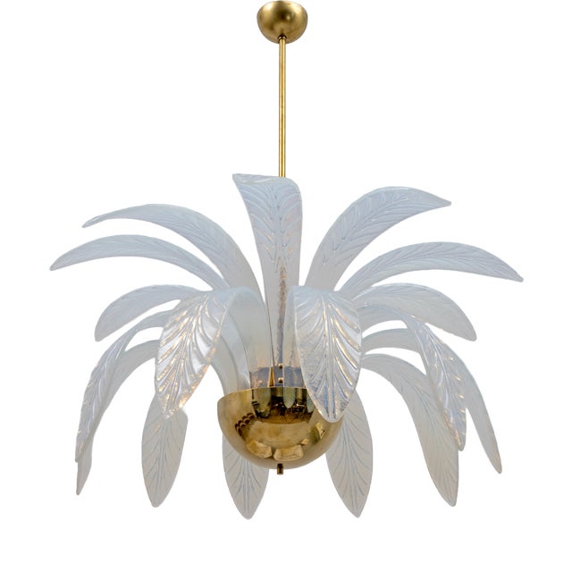 Iridescent Murano Glass and Brass Palm Leaves Chandelier, 2000s For Sale