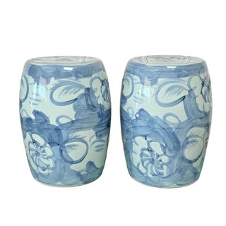 Coastal Abstract Lotus Garden Stools - A Pair For Sale