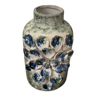 Italian High-Relief Floral Ceramic Studio Vase For Sale