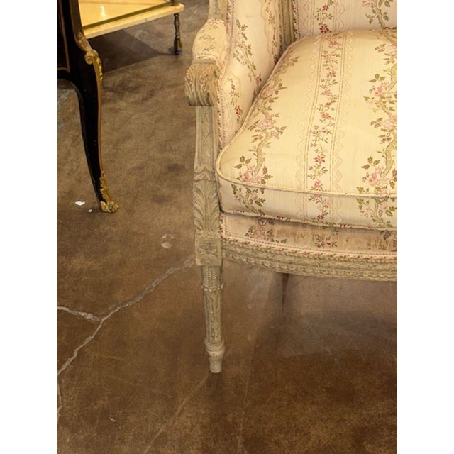 Pair of 19th Century French Carved and Painted Louis XVI Bergeres For Sale - Image 4 of 9