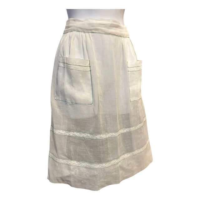 Vintage 1930s Sheer Cotton Apron w/ Lace Inserts & Aqua Zig-Zag Stitching Handmade For Sale