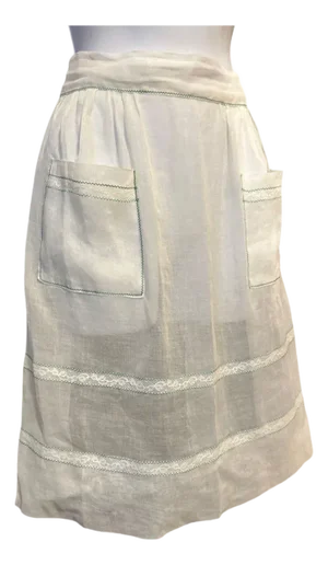 Vintage 1930s Sheer Cotton Apron w/ Lace Inserts & Aqua Zig-Zag Stitching Handmade