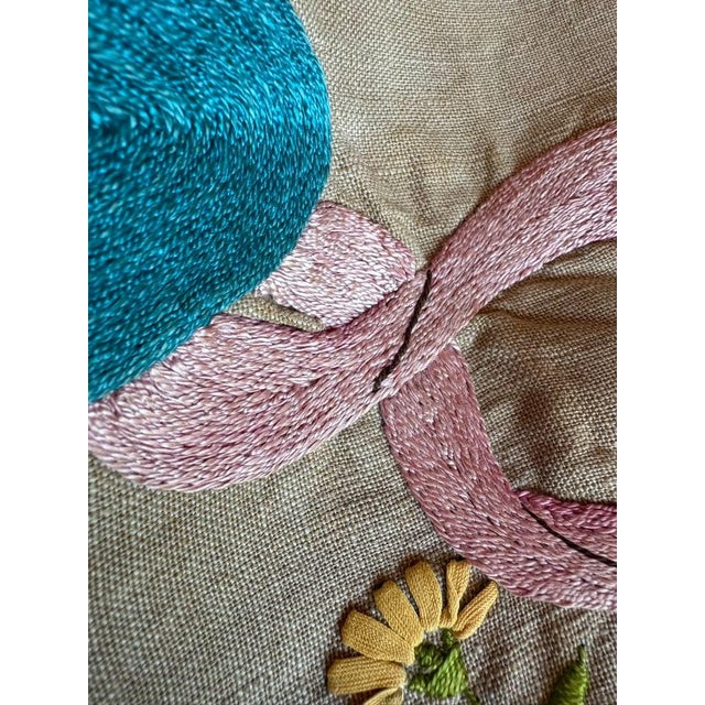 1970s Vintage French Hand Embroidered Lady Textile Panel, Circa 1970s, Dimensional Roses and Flowers, Unfinished Pillow Fragment For Sale - Image 5 of 13