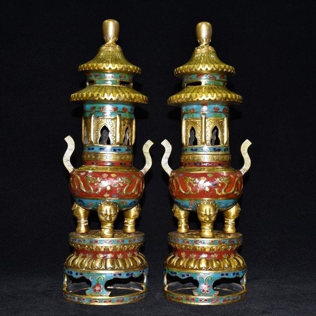 Pair of Vintage Cloisonné Enamel & Gilt Bronze Pagoda Censers / Shrine Vessels For Sale In Los Angeles - Image 6 of 9