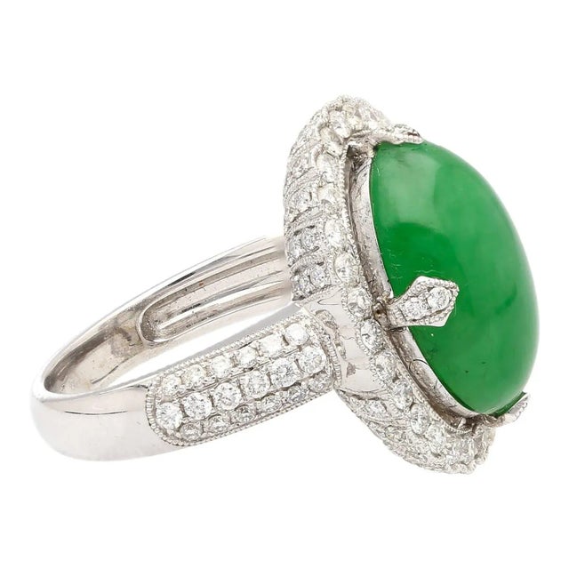 Contemporary Vintage 7.29 Carat Jadeite Jade "A" Ring with Round Diamond Halo & 18K Milgrain, Size 6 For Sale - Image 3 of 6