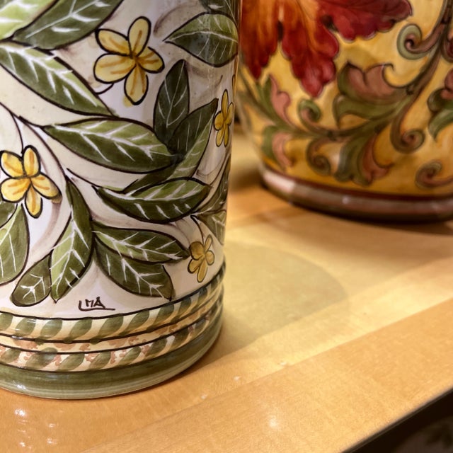 Ceramic 1990s Italian Hand-Painted Ceramic Canister With Lid in Ivory, Green, and Yellow For Sale - Image 7 of 9