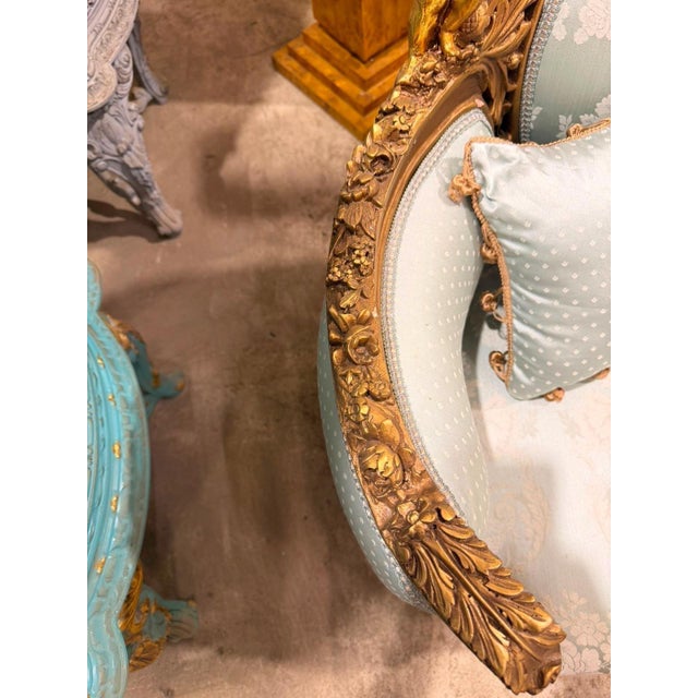 Vintage Cherub Rococo Settee upholstery Aqua Blue Damask Canapa For Sale - Image 4 of 7