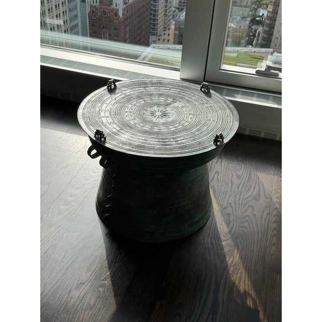 Patinated Bronze Drum Side Table — Sculptural Global Accent, Organic Modern Design A striking patinated bronze drum side...