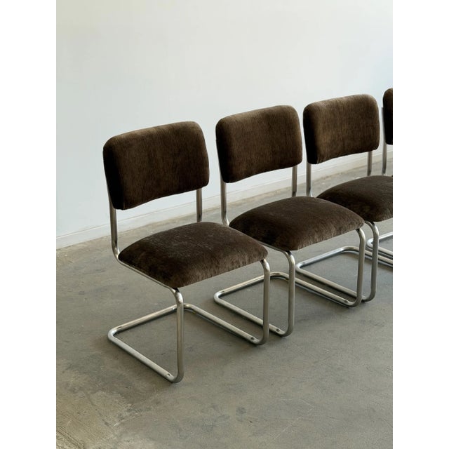 1970s Cantilever Dining Chairs in Brown Chenille - Set of 4 For Sale - Image 13 of 14