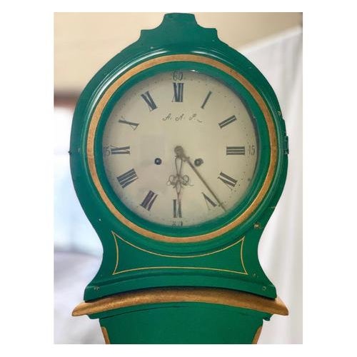 Swedish antique mora clock dating from early/mid-1800s featuring green paint with gold detail painted on the body and it...