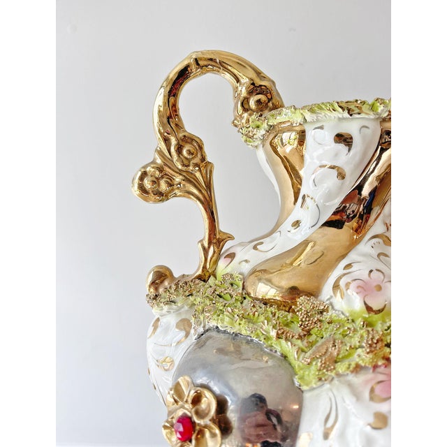 Highly decorative vintage Italian porcelain amphora vase, hand-marked “Italy” and numbered “1015” on the underside....