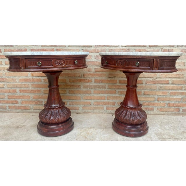Wood Carved Wood Demi Lune Nightstands with Marble Top, 1940, Set of 2 For Sale - Image 7 of 18