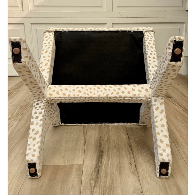 Vintage X-Frame Stool in Cream & Tan Animal Print Upholstery For Sale - Image 9 of 10