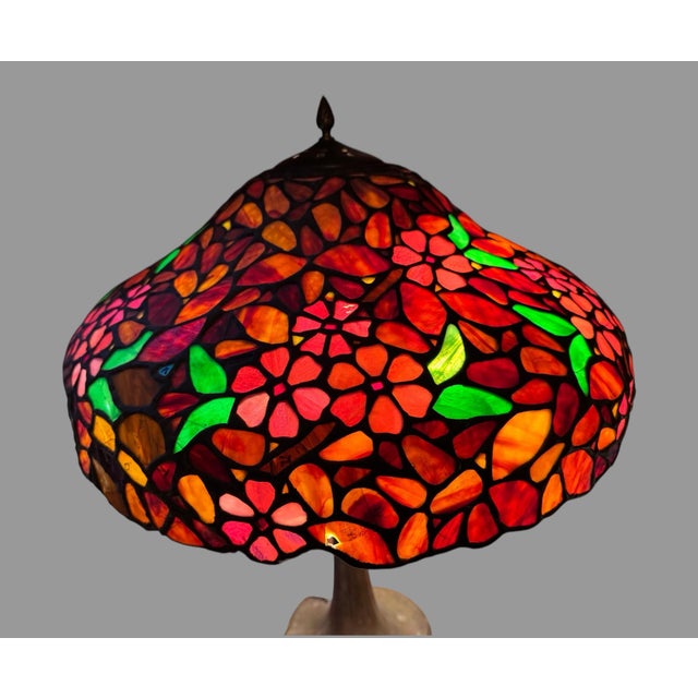 Mid 20th Century Vintage Handel Co. Table Lamp Base With Floral Decorated Leaded Glass Shade For Sale - Image 5 of 11