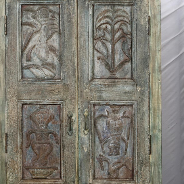 Armoire Constructed From Vintage Indian Painted Teakwood Carved Doors and Elements For Sale In Santa Fe - Image 6 of 6